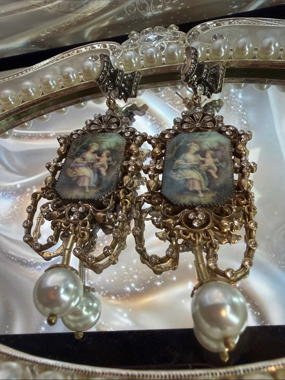Baroque Angel Cameo Statement Earrings with Pearl Drop